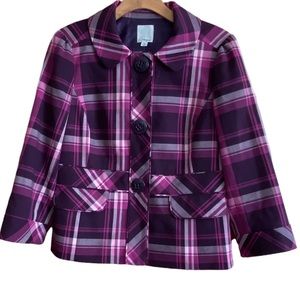 HALOGEN Pink Purple Plaid Button Front 3/4 Sleeve Blazer Jacket Size Medium